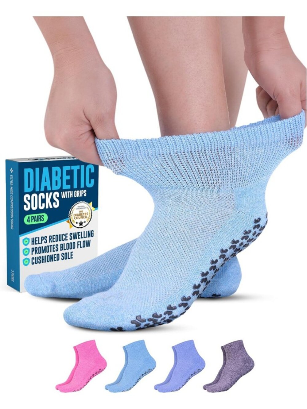 Comfortable Diabetic Ankle Socks with Grips for Men & Women - 4 Pairs Neuropathy
